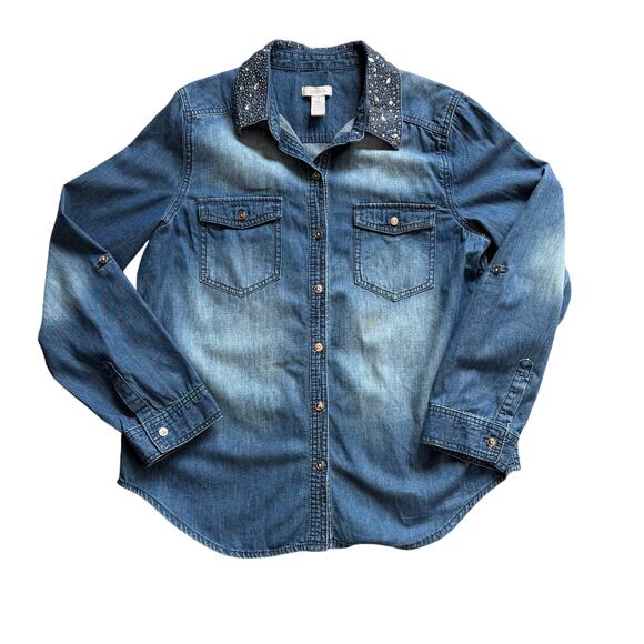 Chicos Rhinestone Collar Denim Chambray Button Up Shirt Long Sleeve Size 1 - Picture 1 of 11